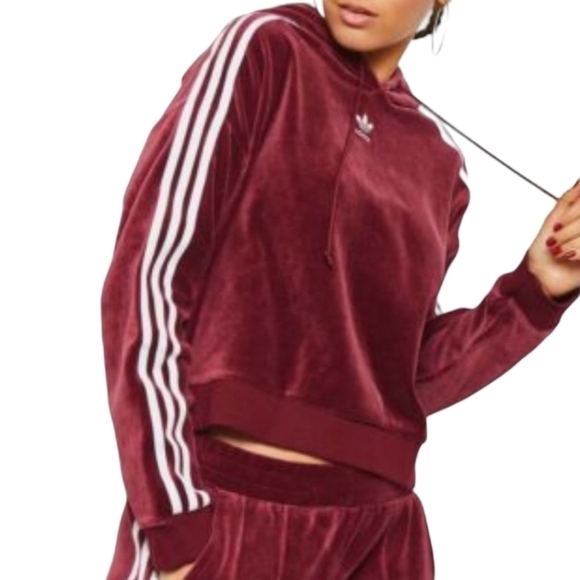 Adidas Originals | Women's Maroon Velour Cropped Hoodie Sweatshirt (US Size 10) - Picture 1 of 16